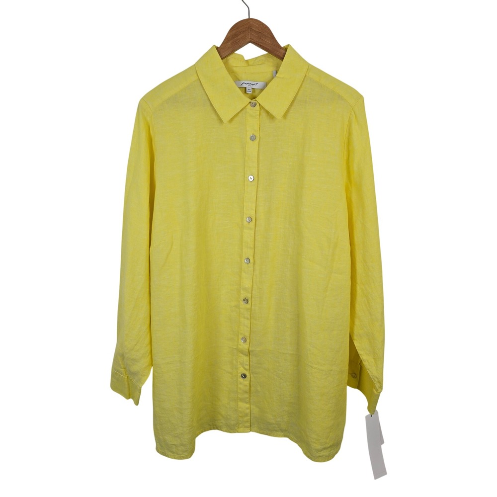 Foxcroft NYC Journey LS Linen Shirt 18W Lemon Sorbet Yellow Relaxed Button Down